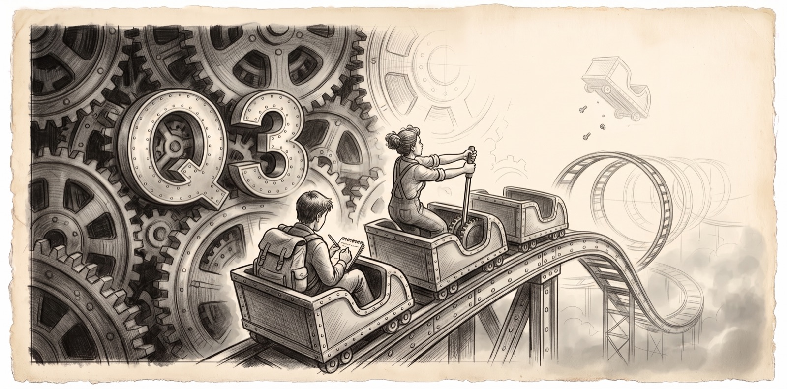 Charcoal sketch of a traveler with a backpack riding a riveted roller-coaster car past a wall of gears with a large Q3 built into it, sketching in a notebook, while a woman in the car ahead hauls on a hand-brake lever; the track corkscrews into fog and a faint car hangs in the air beyond it
