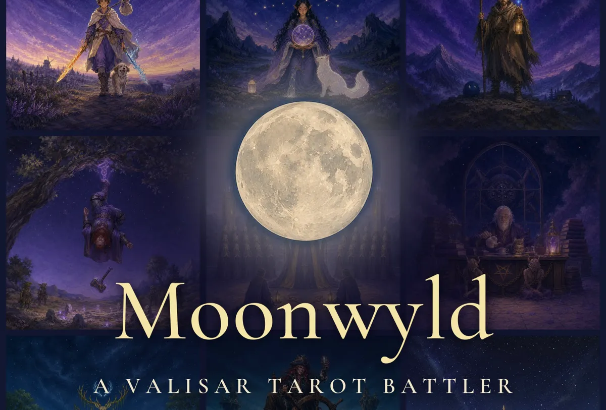 Moonwyld: painted tarot cards around a full moon, with the title and the line "A Valisar Tarot Battler"