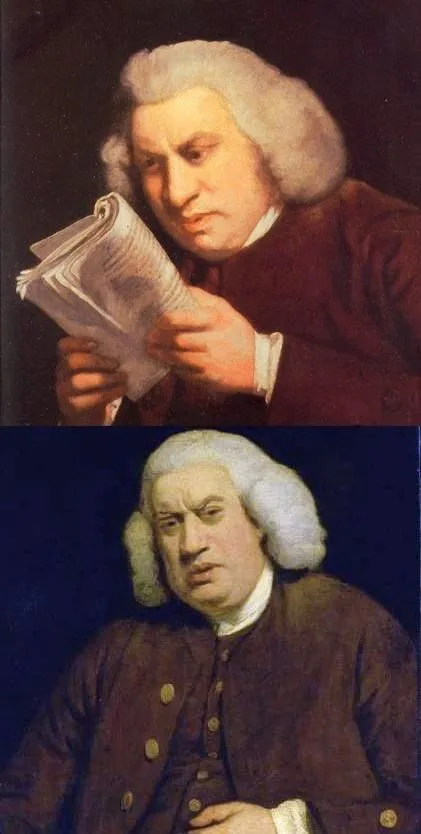 Two-panel meme of the Joshua Reynolds portrait of Samuel Johnson: on top he holds a book inches from his face, reading intently; below, he lowers it and squints in disbelief.