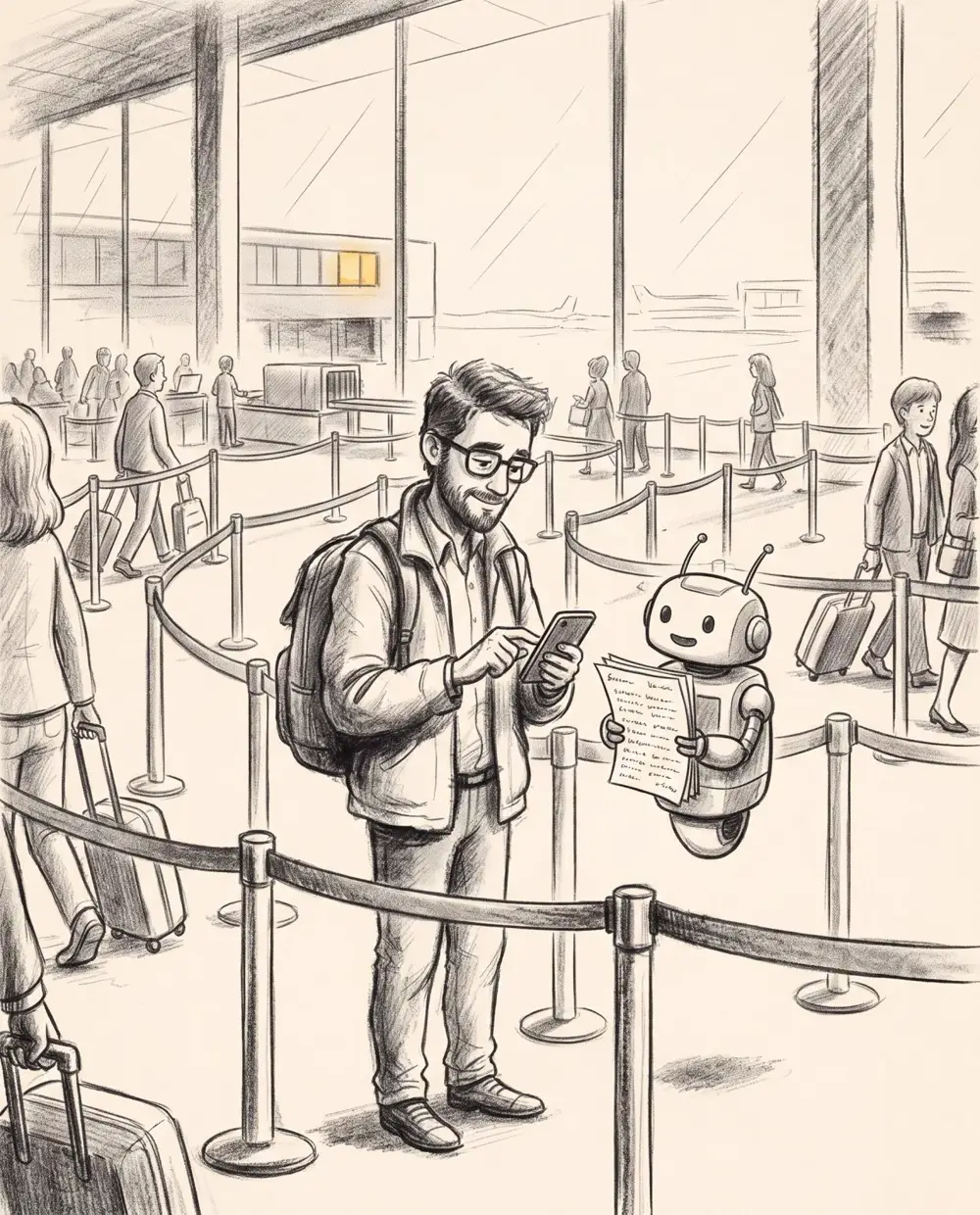 Pencil sketch of a man in an airport security line typing on his phone, a small robot beside him holding a checklist.