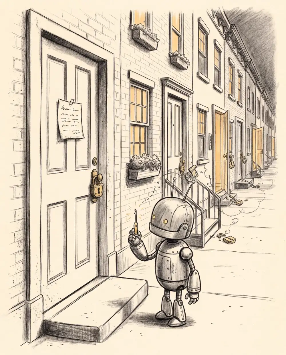 Pencil sketch of a small robot holding up a lockpick beside a front door on a row of brick houses, a padlock on the door and a note taped above it.