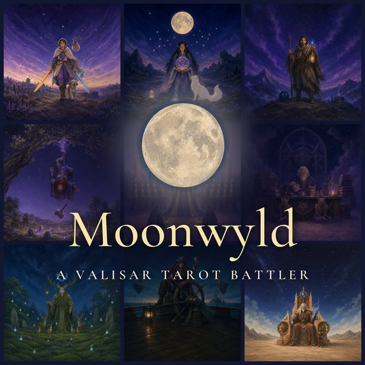 A three-by-three grid of painted tarot cards from Moonwyld, deep blues and purples with a full moon at the center, overlaid with the title "Moonwyld" and the line "A Valisar Tarot Battler".