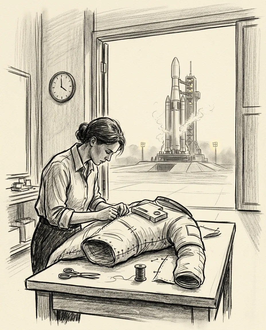 Charcoal sketch on cream paper: inside a workshop, a woman at a workbench is still sewing an unfinished spacesuit, its seams pinned, while through the open hangar door behind her a fueled rocket stands steaming on the pad at dawn.