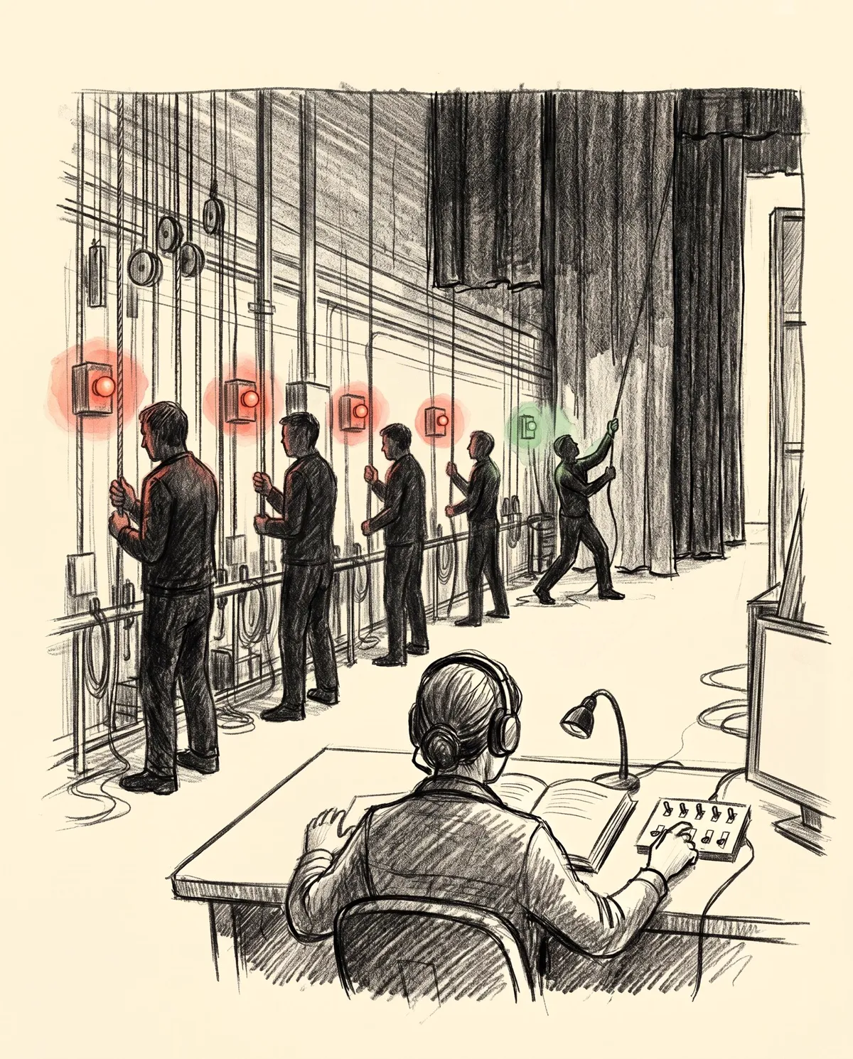 Charcoal sketch of a theater wing: five crew members at the rail with fingers on their buttons, four red cue lamps and one green, and a stage manager in a headset at the calling desk.